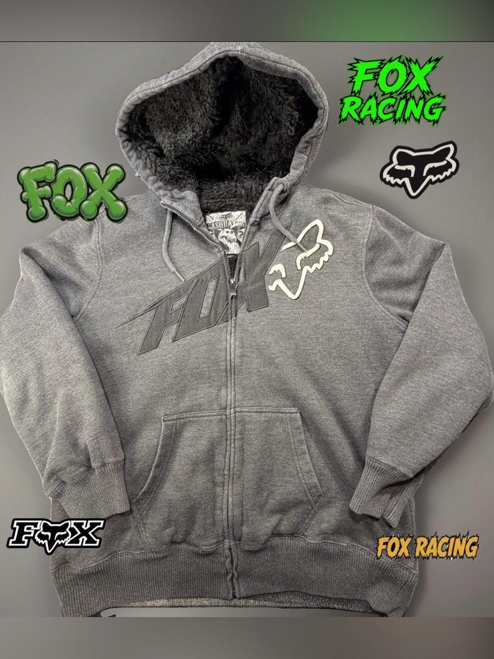 Fox Racing Sasquatch Sherpa Lined Hoodie Mens XL Gray Black Foxhead Zip Up 17766